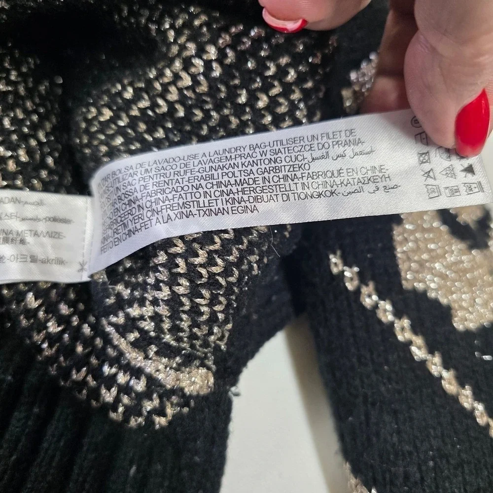 Zara‎ Black Metallic Floral Knit Cartigan Sweater Size M Gold Button Front